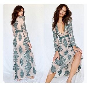 For Love & Lemons Temecula Maxi Dress S Moss Green Embroidered Floral Sheer Mesh